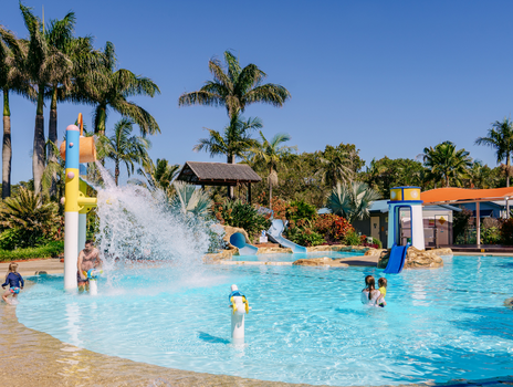 waterpark with tipping bucket and slides at BIG4 Park Beach Holiday Park