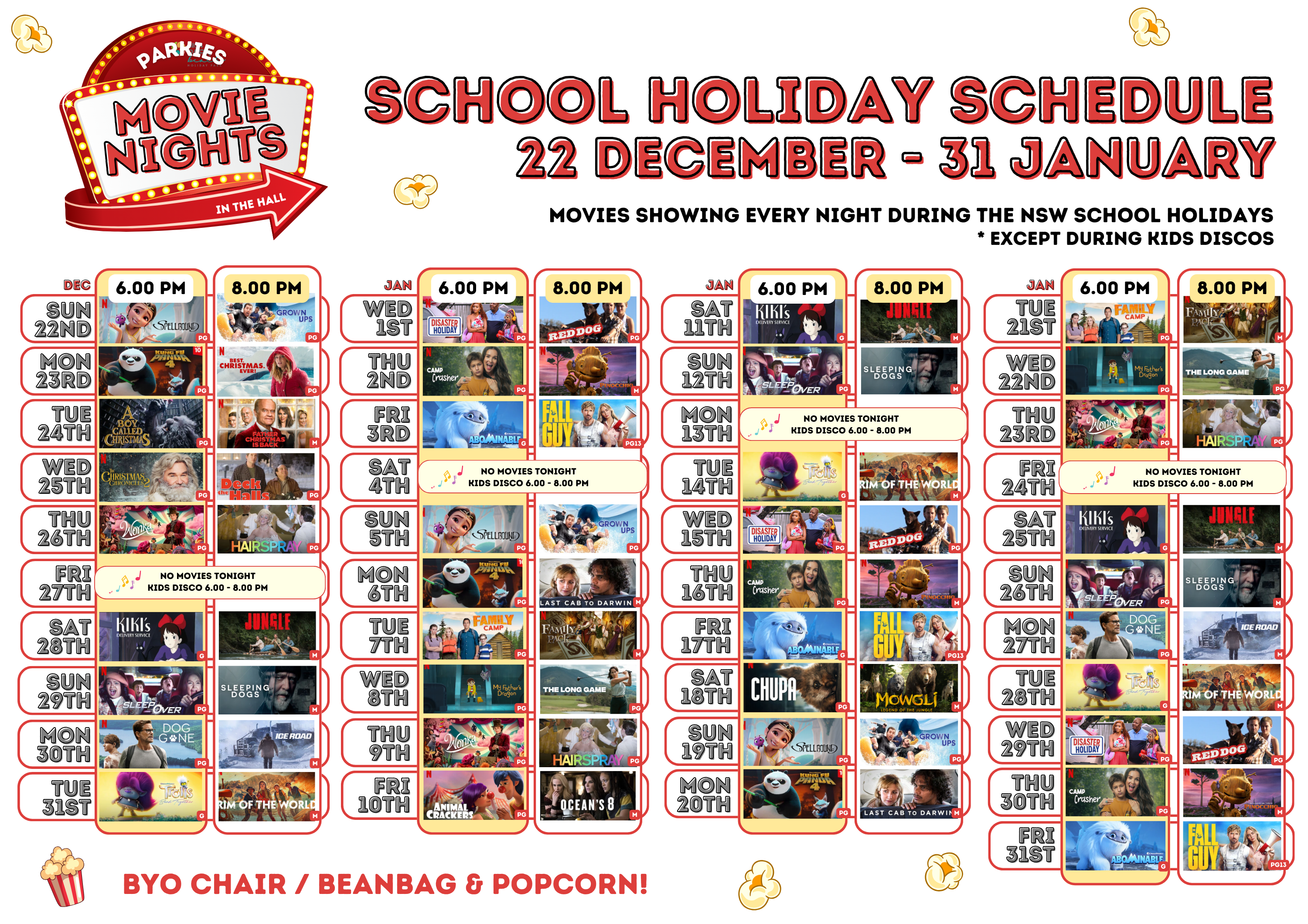 BIG4 Park Beach Holiday Park - Movie Nights - Summer 24-25 School Holiday Schedule BIG4 Park Beach Holiday Park - Movie Nights - Summer 24-25 School Holiday Schedule